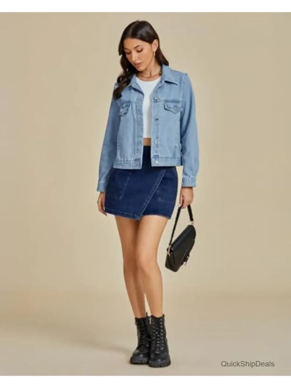 High Waisted Denim Mini Skirt with Pockets, Stretchy Wrap Skirt for Women